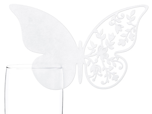 Svatební jmenovka Motýlek na skleničku 2 - 12,5 x 7,6 cm - bílá  ( 10 ks/bal )