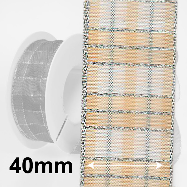 Dekorační stuha s drátkem KILT - smetanová / stříbrná (40 mm, 20 m) 