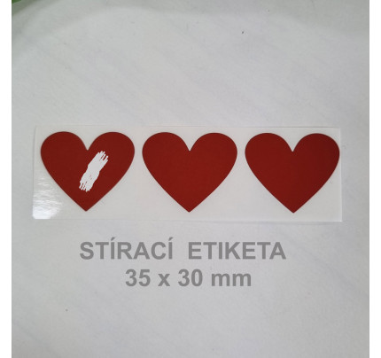 Stírací samolepka srdce 35 x 30 mm - červená (3 ks / bal)